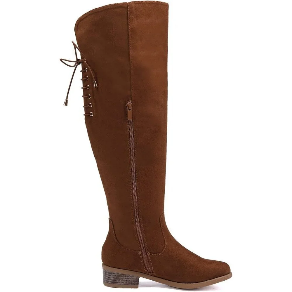 Women's Camel Faux Suede Over The Knee High Side Zip Block Heel Riding Booties